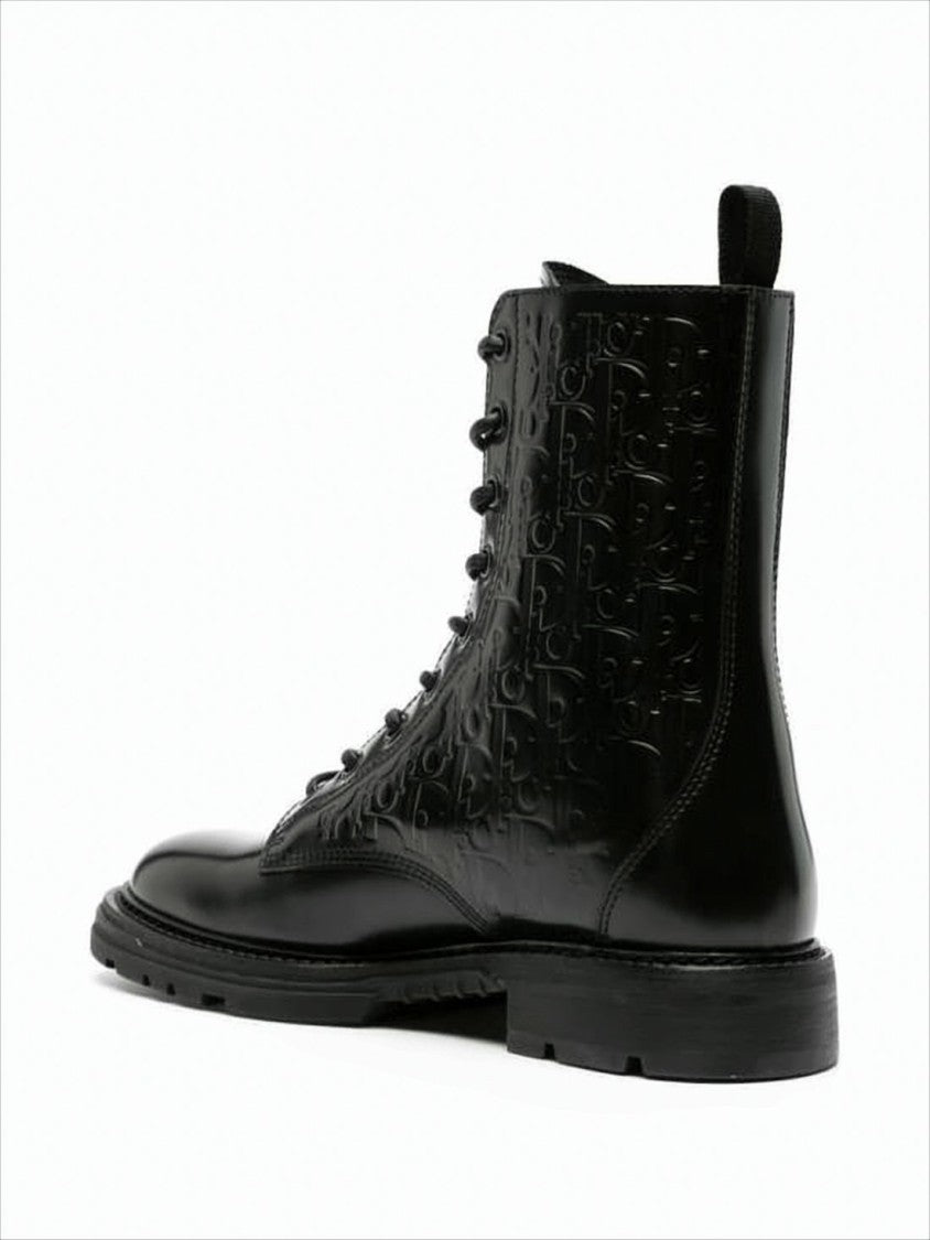 Christian Dior Black Leather Lace-Up Boots With Embossed Detailing