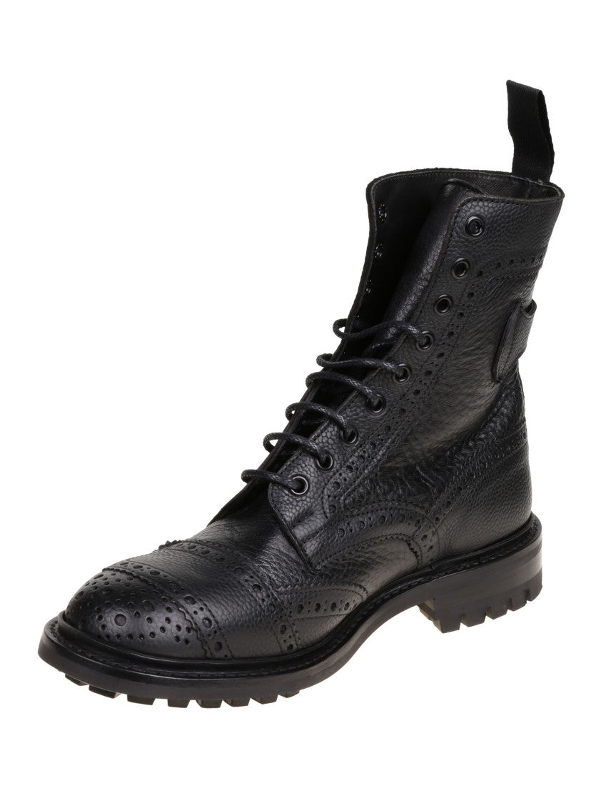 Tricker's Rugged Black Leather Boots With Brogue Detailing