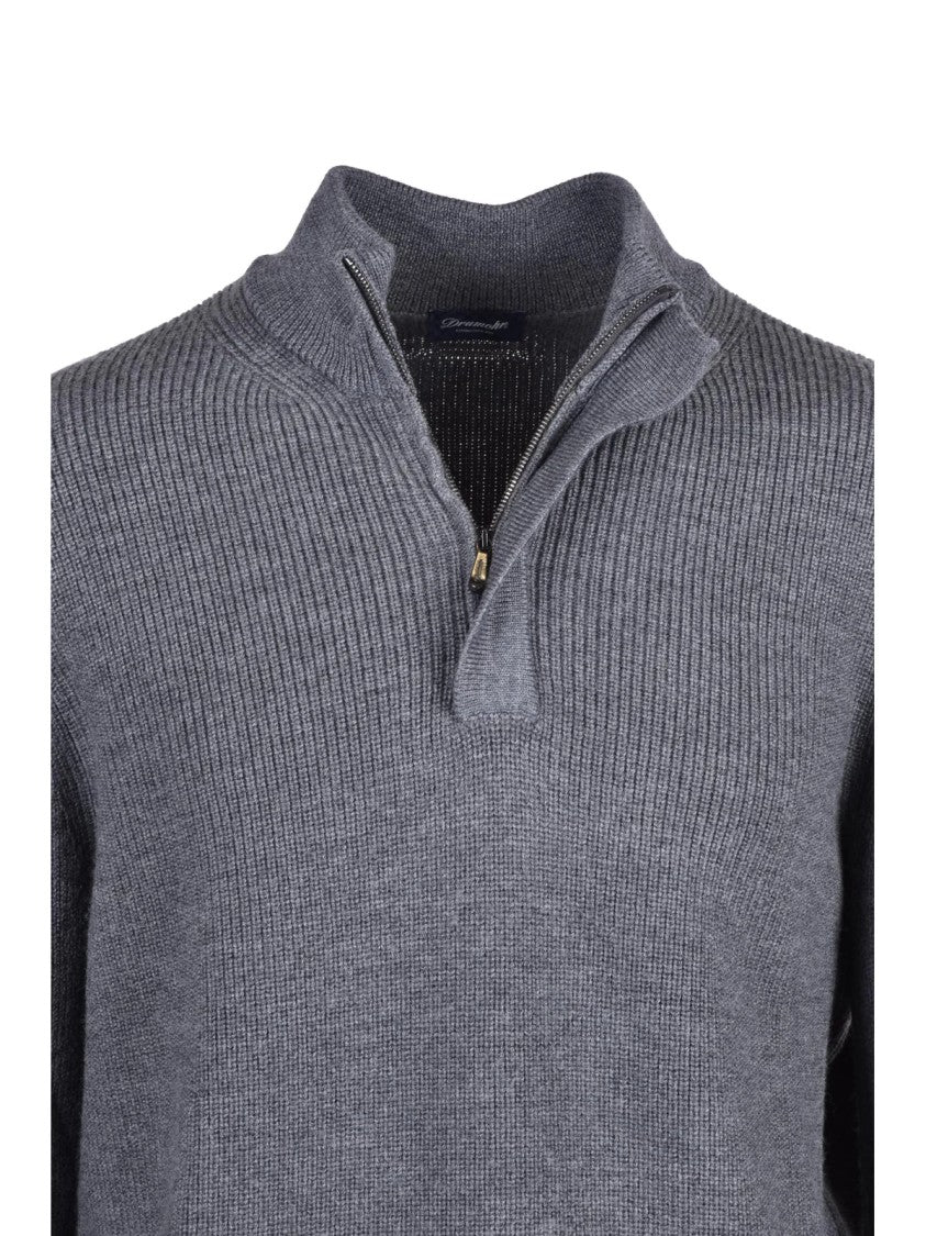 Drumohr Grey Zip Extrafine Merino Wool Mock Neck Sweater