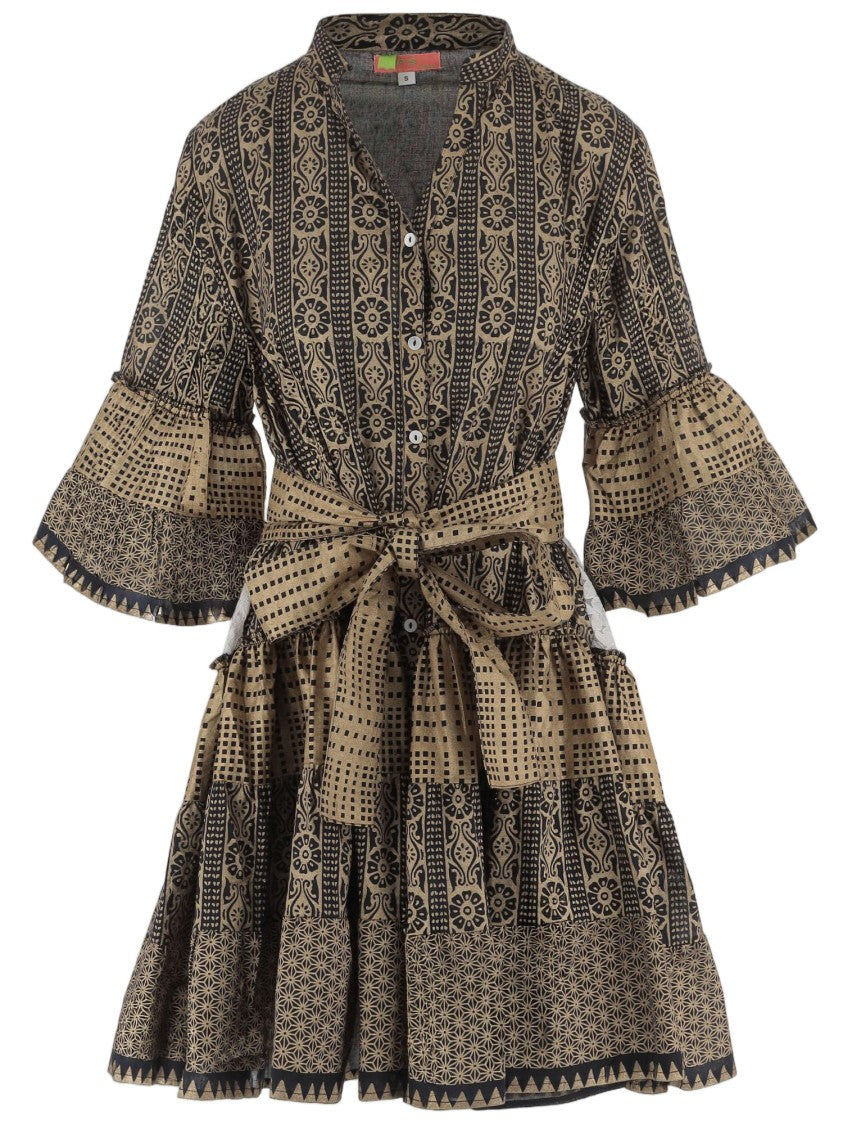 Pep's Cannes Geometric Pattern Cotton Dress With Mandarin Collar And Ruffled Skirt