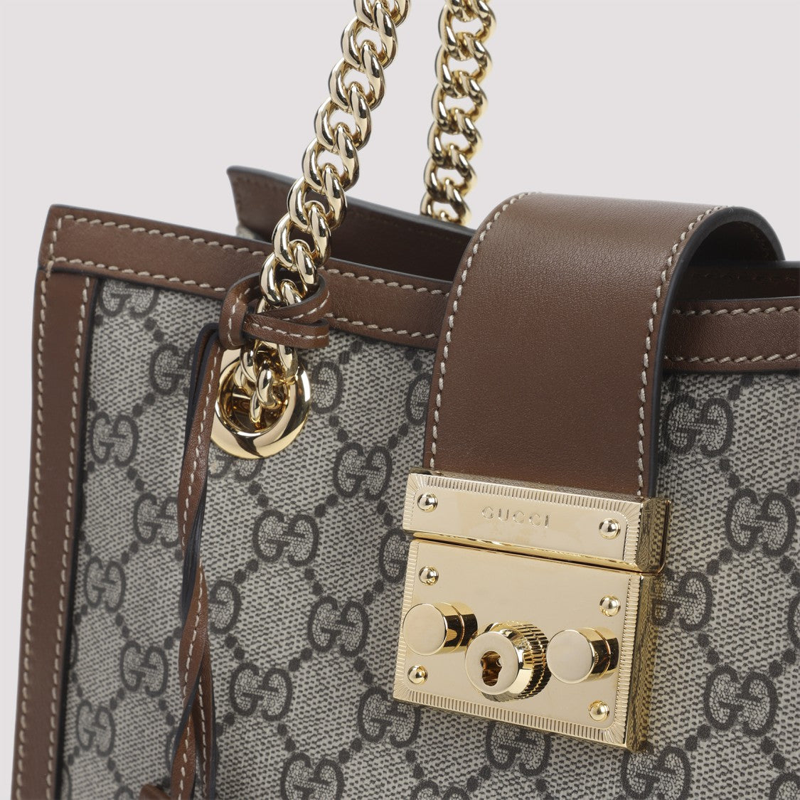 Gucci Structured Monogram Canvas Shoulder Bag With Leather Accents