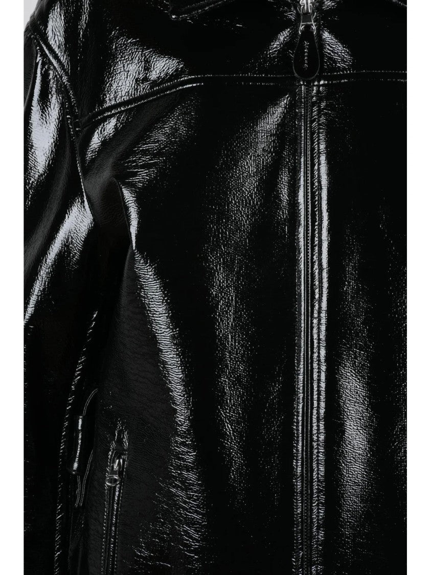 Courrèges Patent Finish Black Jacket With Zippered Pockets And Structured Collar