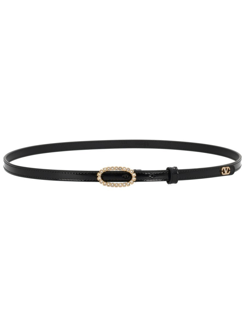 Valentino Garavani Mini Vlogo Signature Crystal Oval Leather Belt