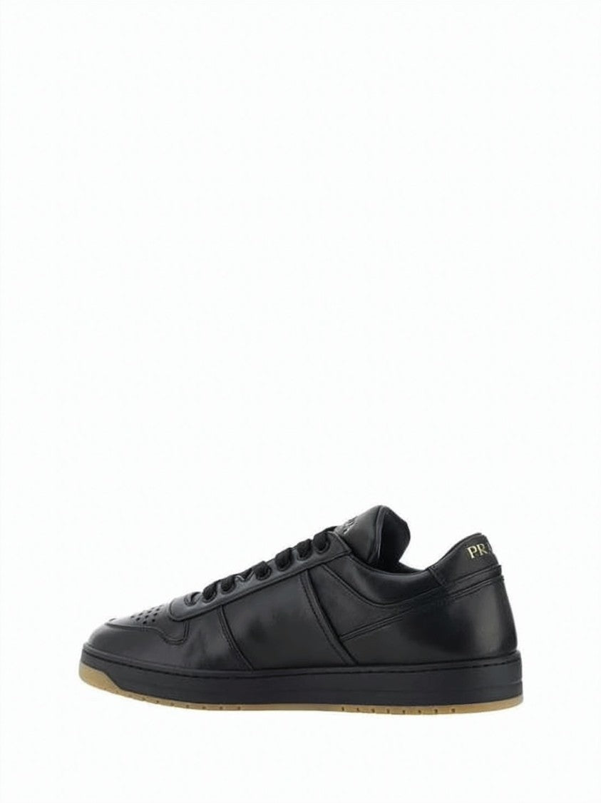 Prada Low-Top Black Leather Sneakers With Perforated Detailing