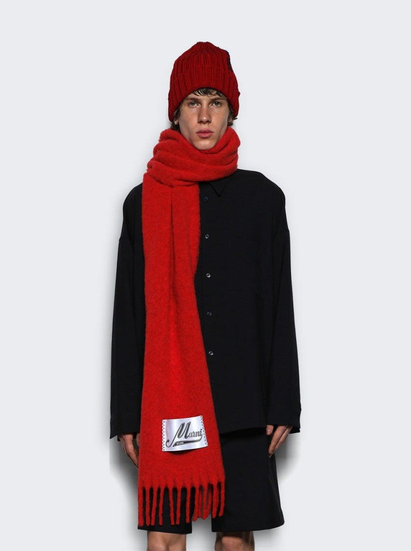 Marni Textured Red Scarf With Fringed Edges