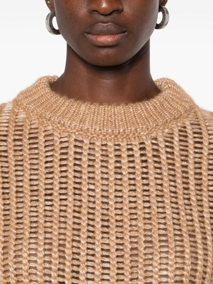 Peserico Boxy Beige Knit Sweater With Open-Weave Design