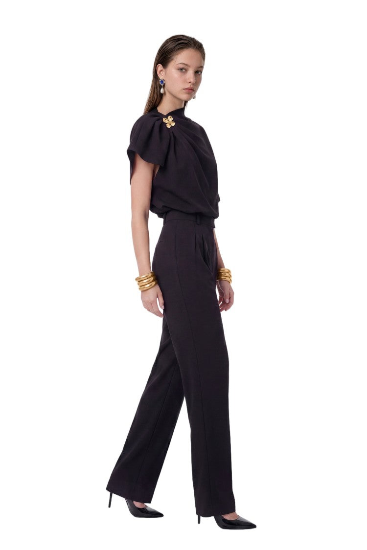 Saiid Kobeisy Tailored Jet Black Gabardine Satin High-Waisted Pants