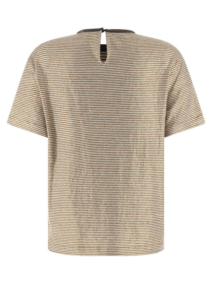 Brunello Cucinelli 'Shiny Collar Detail' Striped Linen T-Shirt