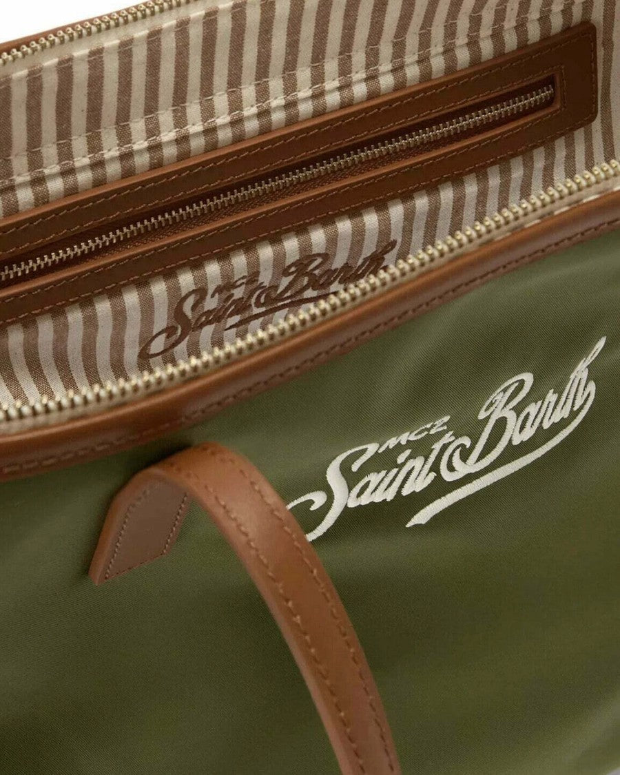 Mc2 Saint Barth Olive Green Nylon Tote Bag With Contrasting Leather Handles
