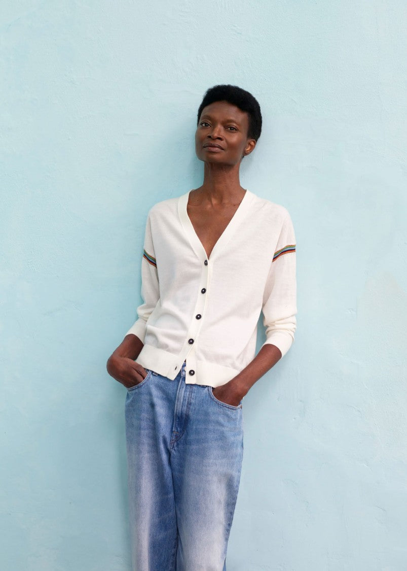 Paul Smith Cream V-Neck Cardigan With Signature Stripe Trim