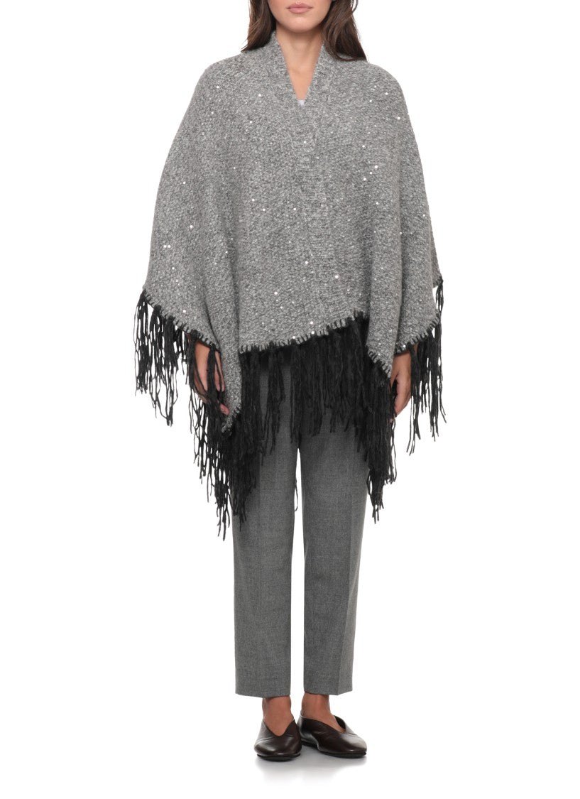 Peserico Textured Grey Cape With Lurex Motif And Fringed Hem
