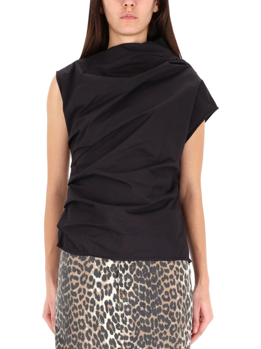 Ganni Ruching Detail Short-Sleeved Top In Black Organic Cotton
