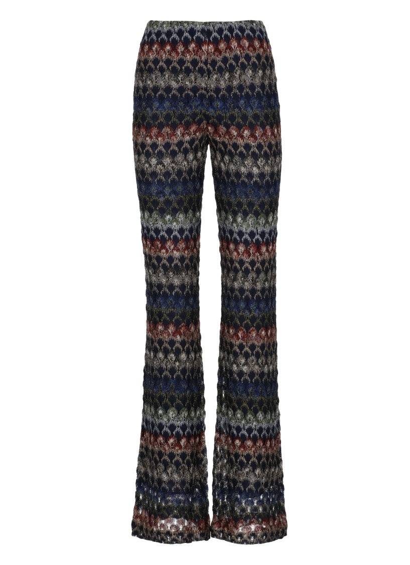 Missoni Blue Geometric Lurex Elastic Waist Viscose Flared Pants