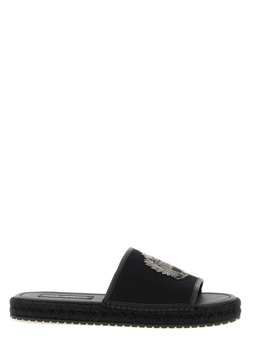 Dolce & Gabbana Leather Espadrilles With Embroidered Crest And Woven Midsole