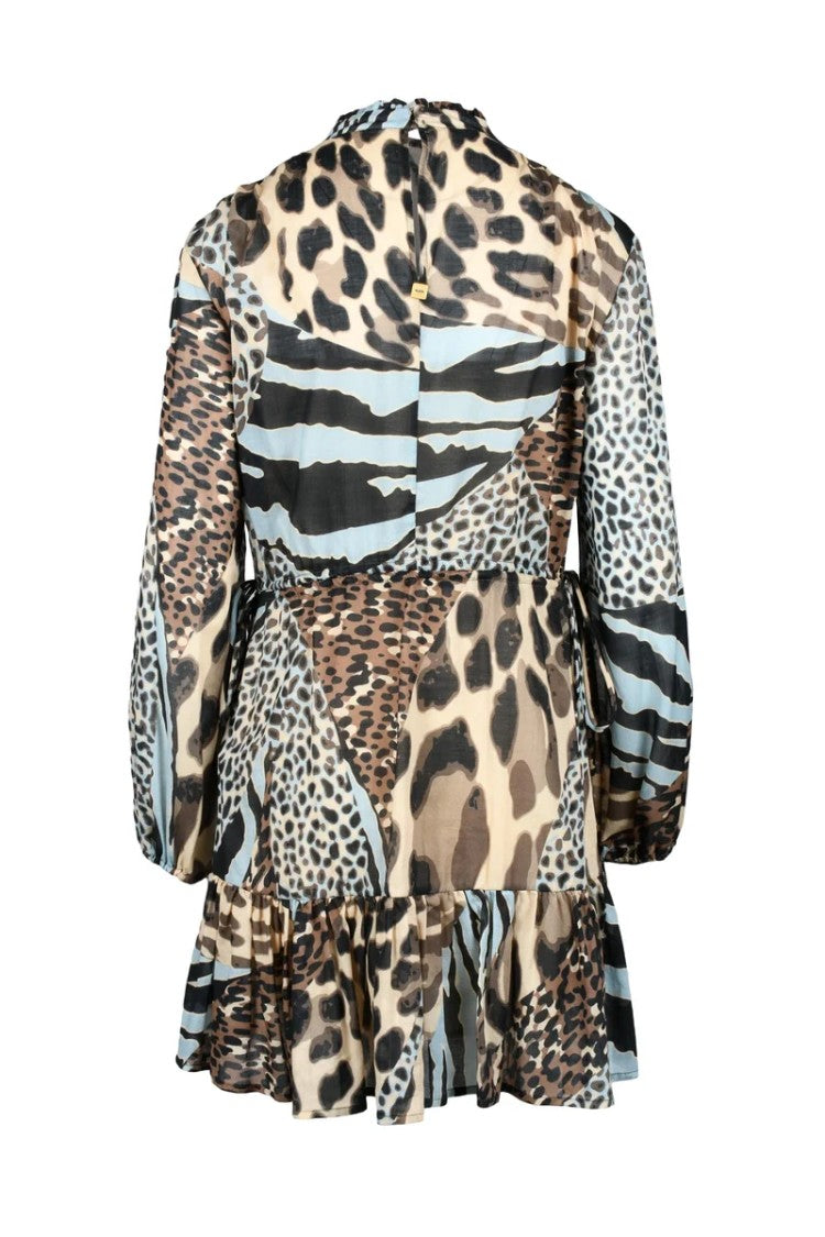 Manila Grace Gauzed Dress - Brown/Light Blue