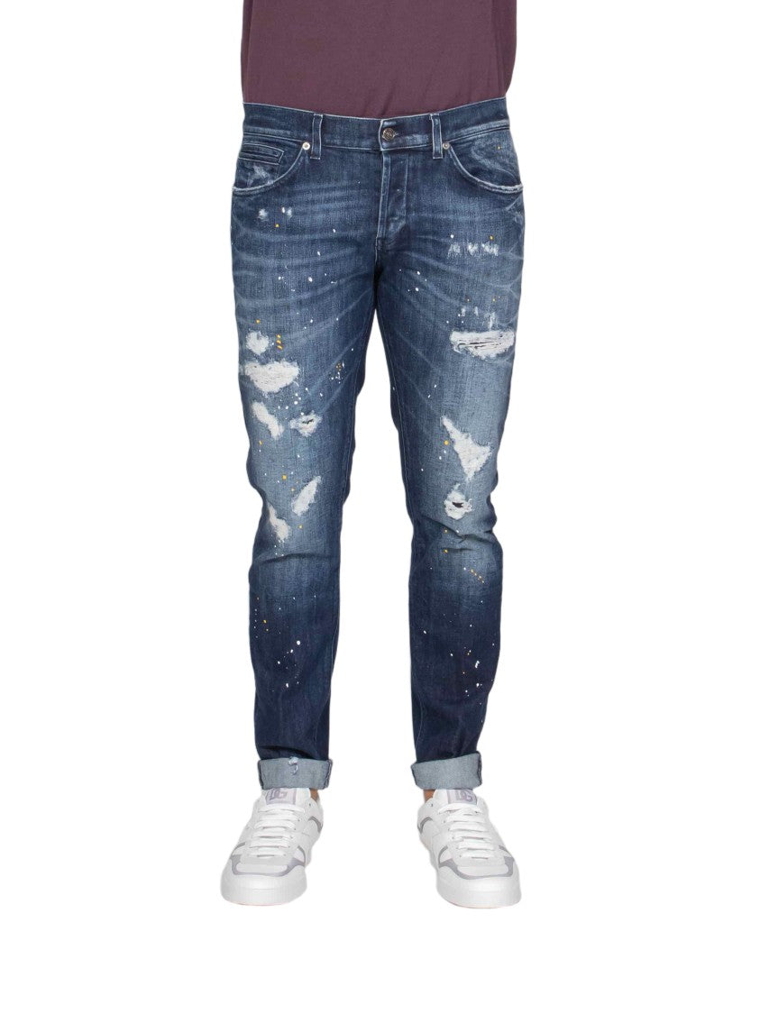 Dondup Slim-Fit Jeans With Distressed Blue Wash And Paint Splatter Accents