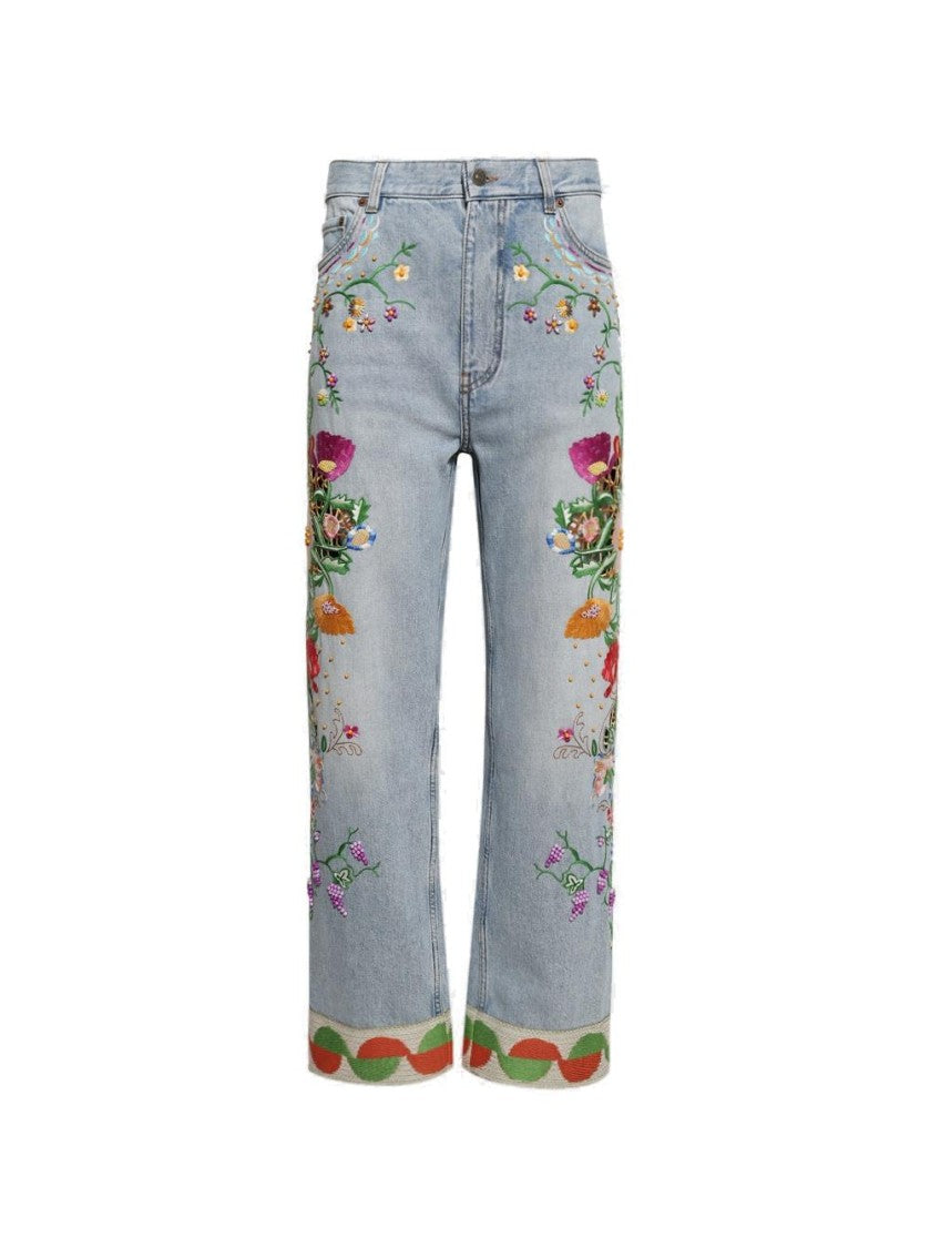 Valentino Embroidered Denim Pants - Blue