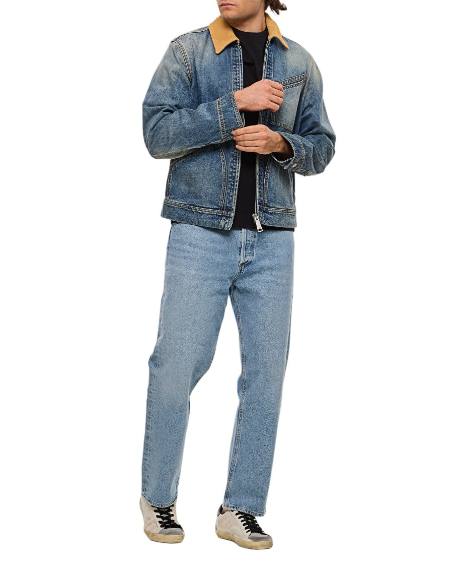 Alexander Mcqueen Denim Workwear Jacket With Distinctive Tan Collar And Multiple Pockets