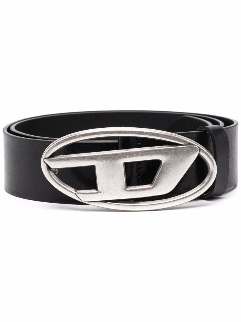 Diesel Black Leather Belt With Oval Silver-Tone Buckle