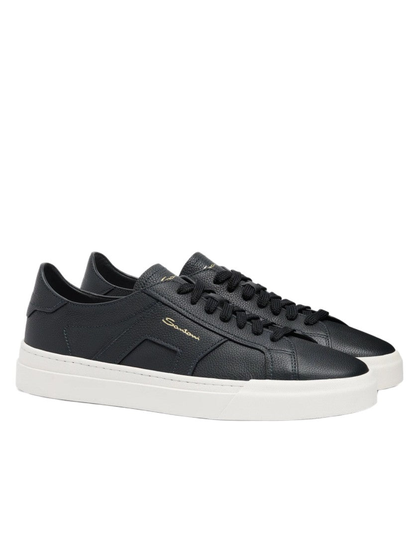 Santoni Low-Top Black Leather Sneakers With Gold Accents