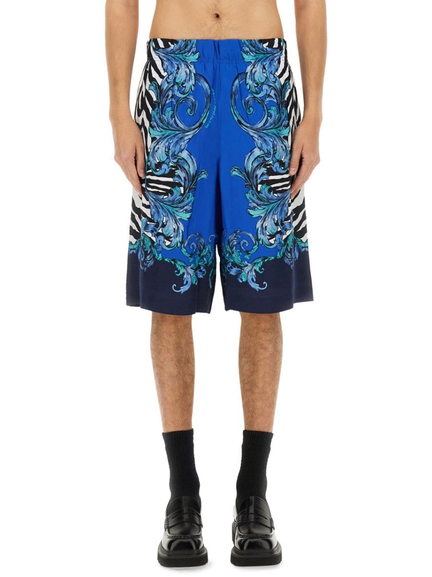 Versace Jeans Couture Blue Viscose Shorts With Intricate Patterns