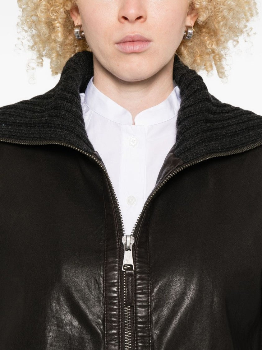 The Jack And Jackie Leathers Boxy Brown Leather Jacket With Knit Accents