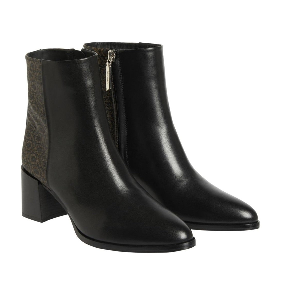Calvin Klein Almond Black Logo-Patterned Leather Ankle Boots