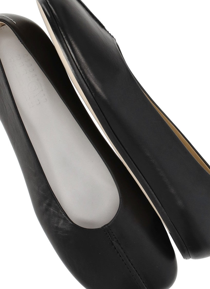 Mm6 By Maison Margiela Black Leather Ballerinas With Square Toe And Iconic Stitches