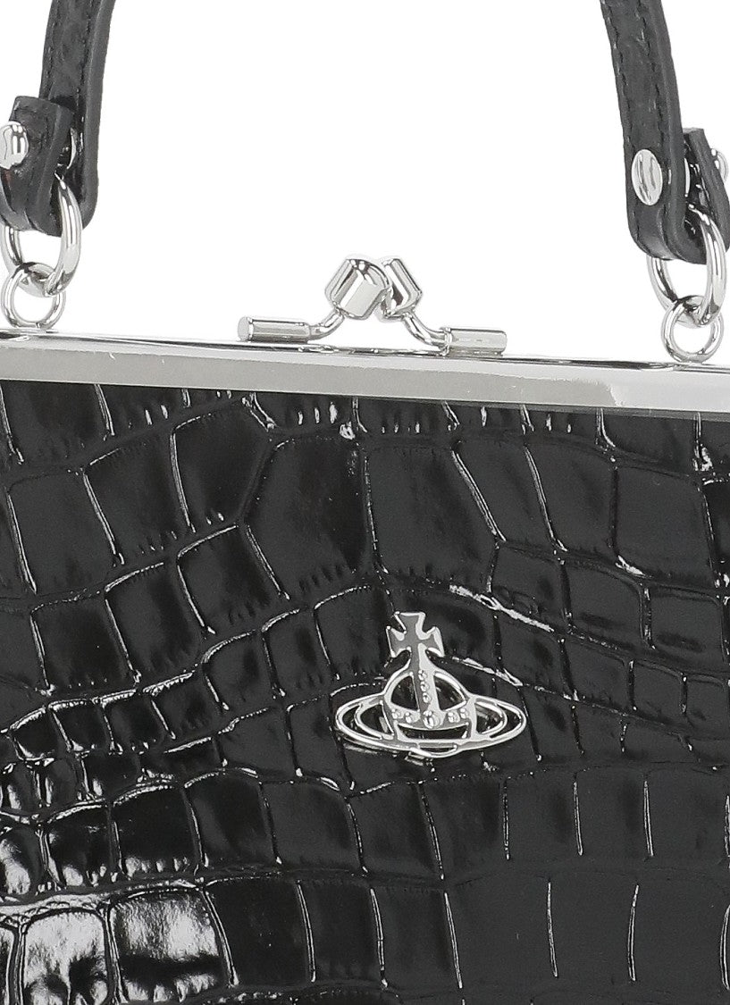 Vivienne Westwood Granny Frame Black Crocodile Handbag With Metal Logo And Chain Strap