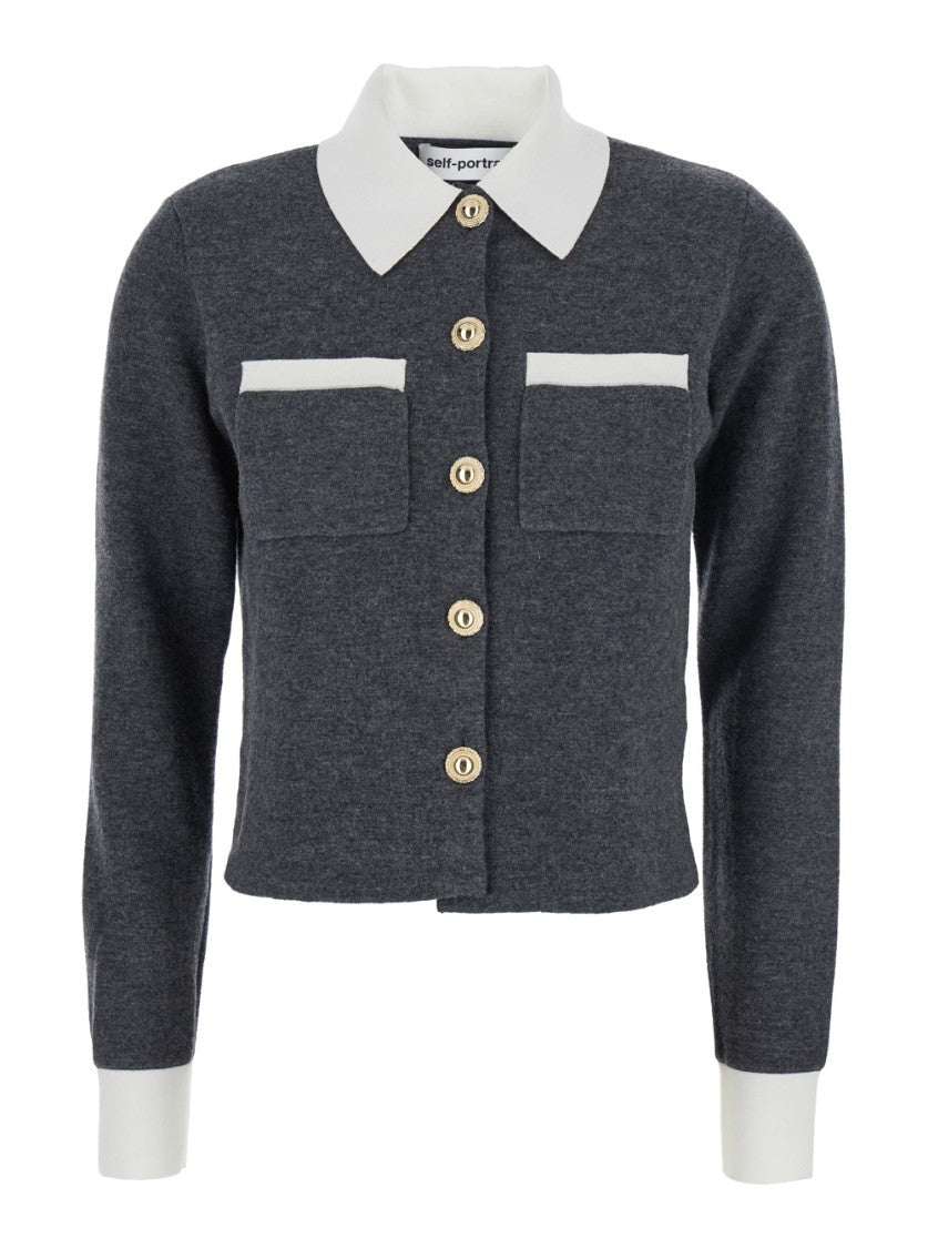 Self-Portrait Grey Contrast Collar Cardigan