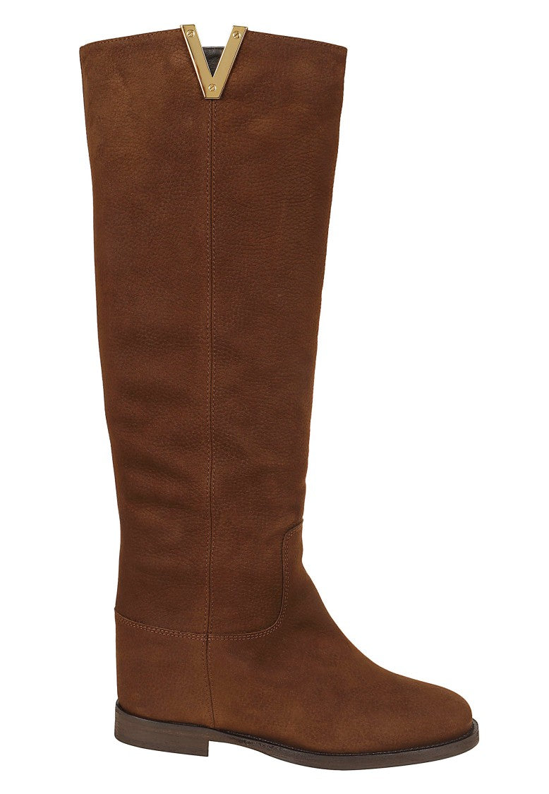 Via Roma 15 Tan Suede Internal Wedge V-Detail High Boots