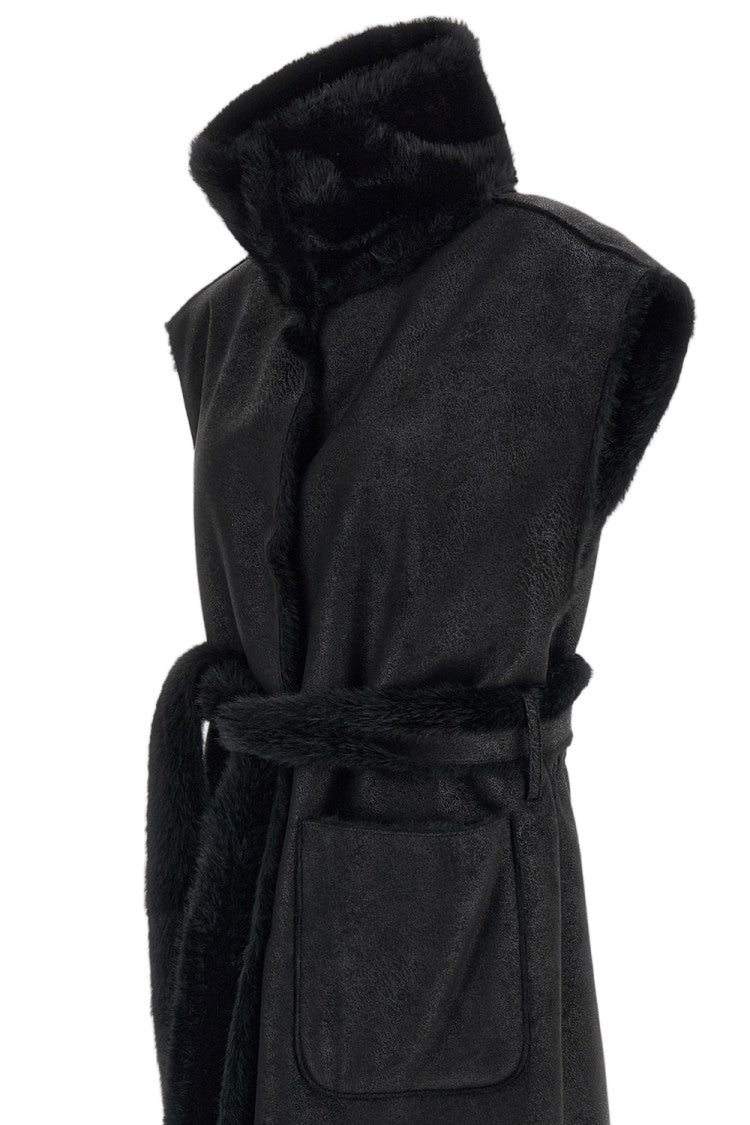 Stand Studio Black Oaklynn Reversible Belted High-Collar Faux Fur Vest