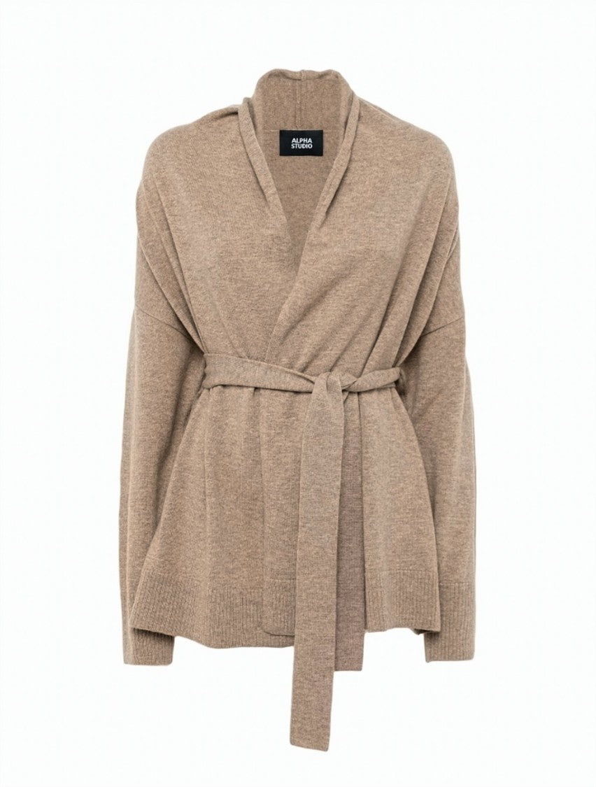 Alpha Studio Merino Cashmere Shawl-Collar Belted Cardigan