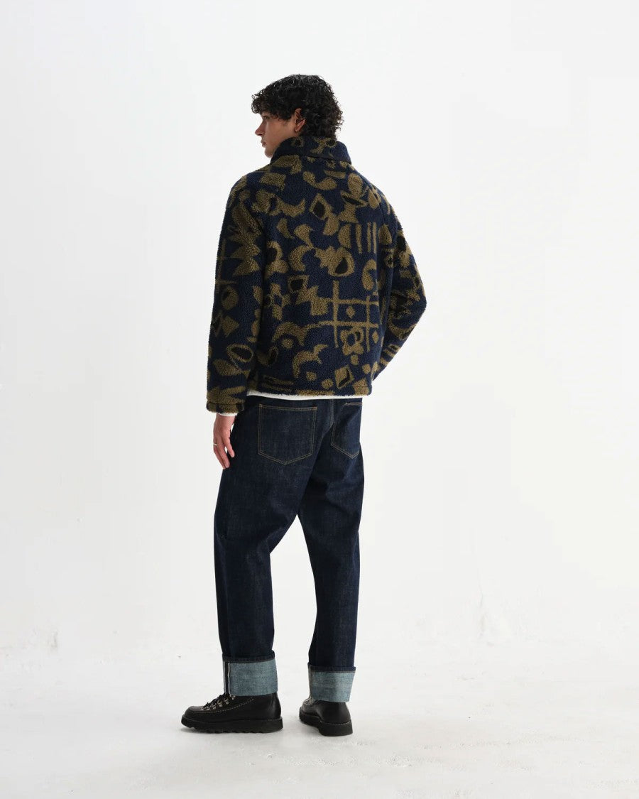 Wax London Navy Fleece Jacket With Khaki Abstract Pattern