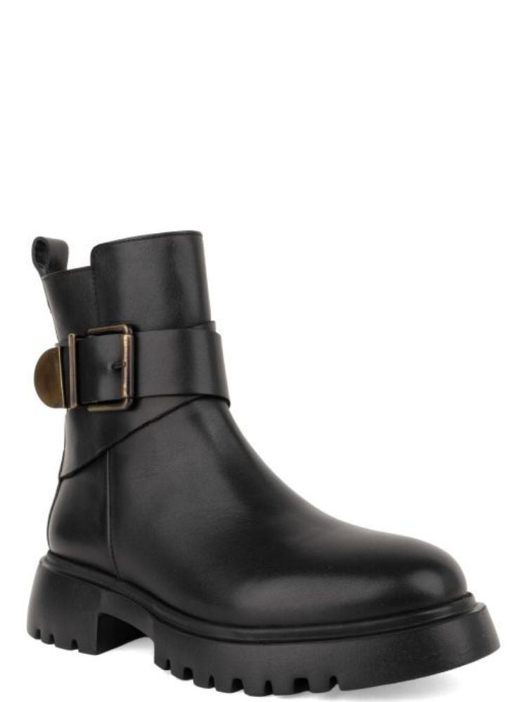 Sergio Moretti Black Bold Metallic Buckle Leather Ankle Boots