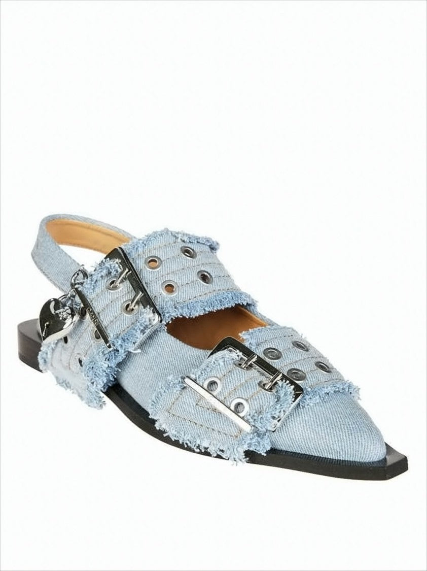 Ganni Pointed-Toe Slingback Flats With Oversized Silver Buckles