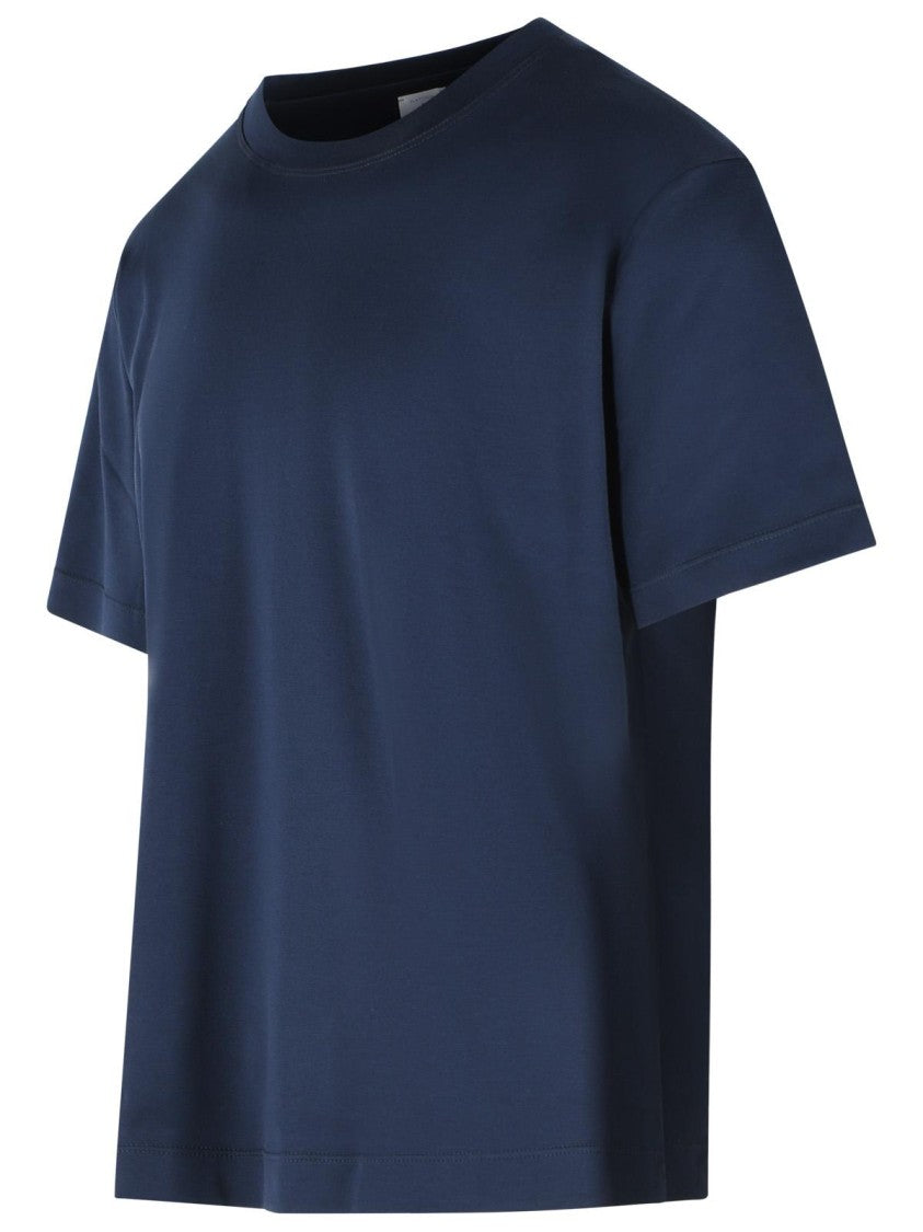 Eleventy Ribbed Crew Neck Blue Cotton T-Shirt With Side Slits