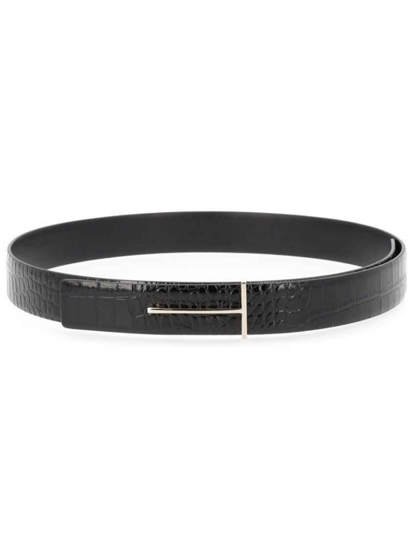 Tom Ford Crocodile Texture Minimalist Buckle Leather Belt