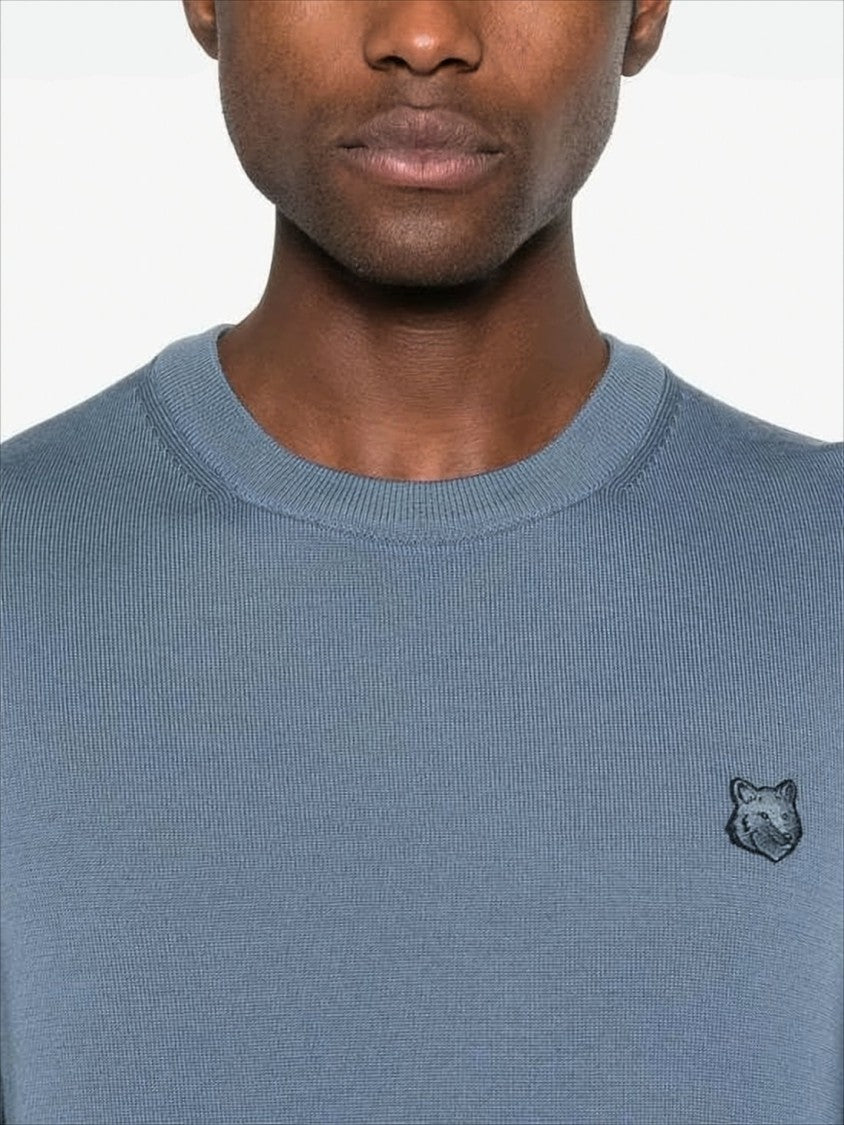 Maison Kitsuné Muted Blue Fine Wool Sweater With Embroidered Fox Emblem