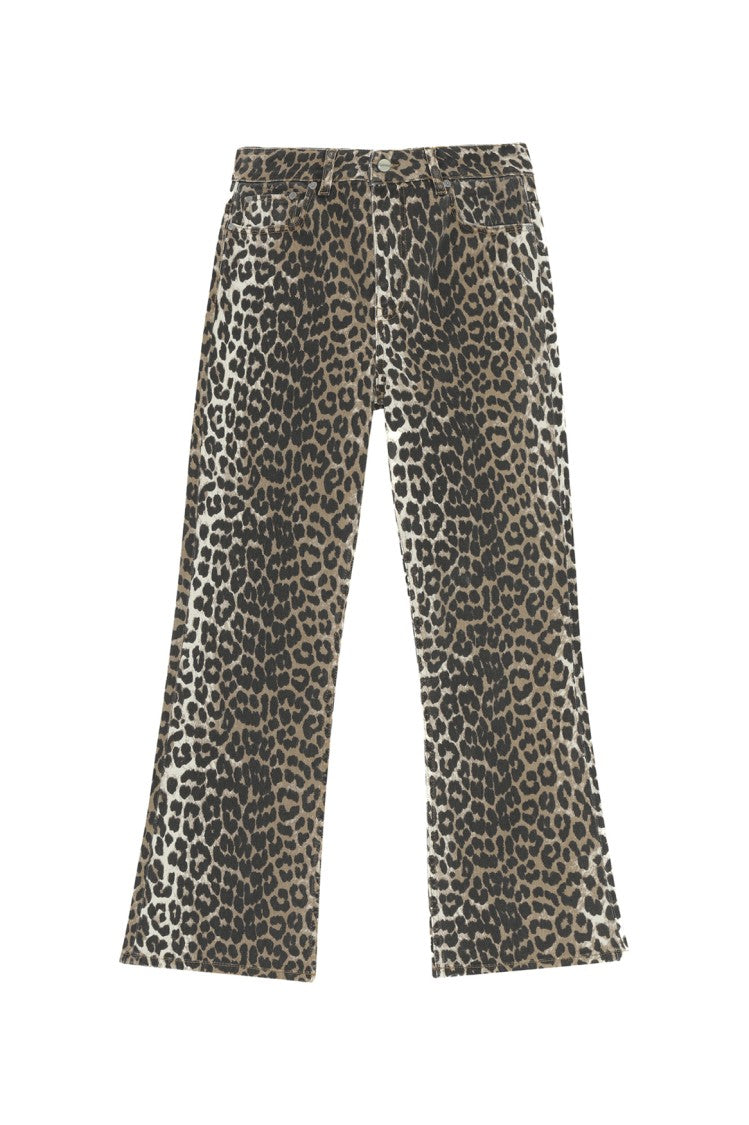 Ganni Leopard Print Cropped Jeans With Flared Hem