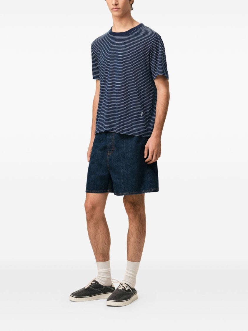 Ami Paris Ink Blue White Striped Embroidery T-Shirt