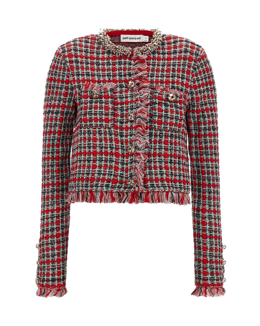 Self-Portrait Cropped Checkered Bouclé Cotton-Blend Jacket