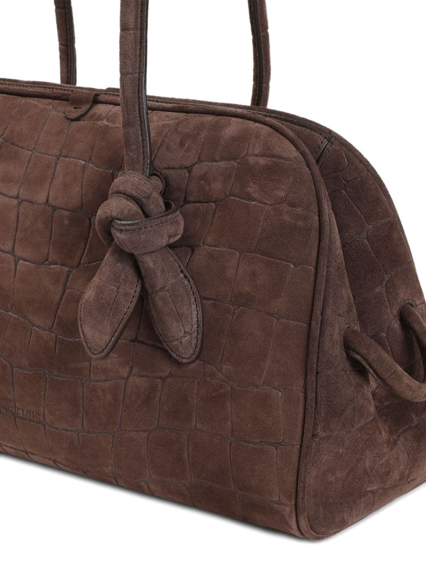 Jacquemus Curved Dark Brown Crocodile Embossed Top Handle Bag