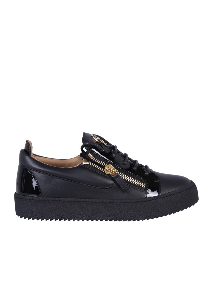 Giuseppe Zanotti Lace-Up Black Leather Sneakers Gold-Zipped Sides
