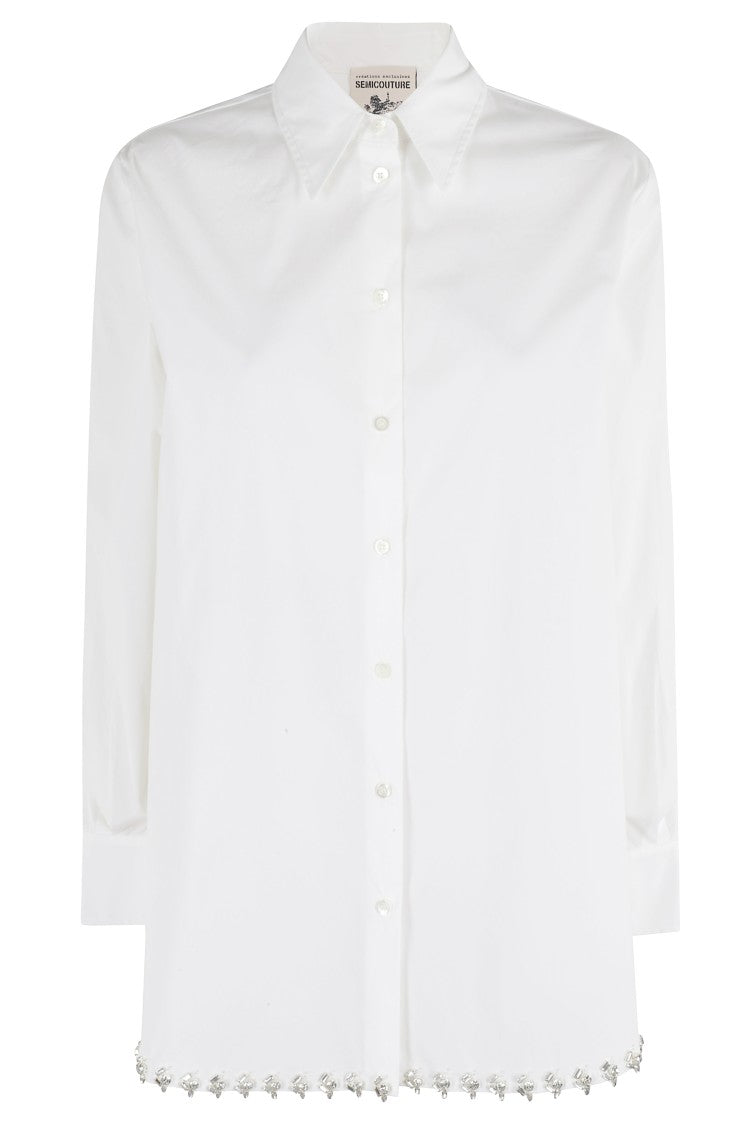 Semi Couture Button-Up Shirt With Classic Collar And Rhinestone Hem