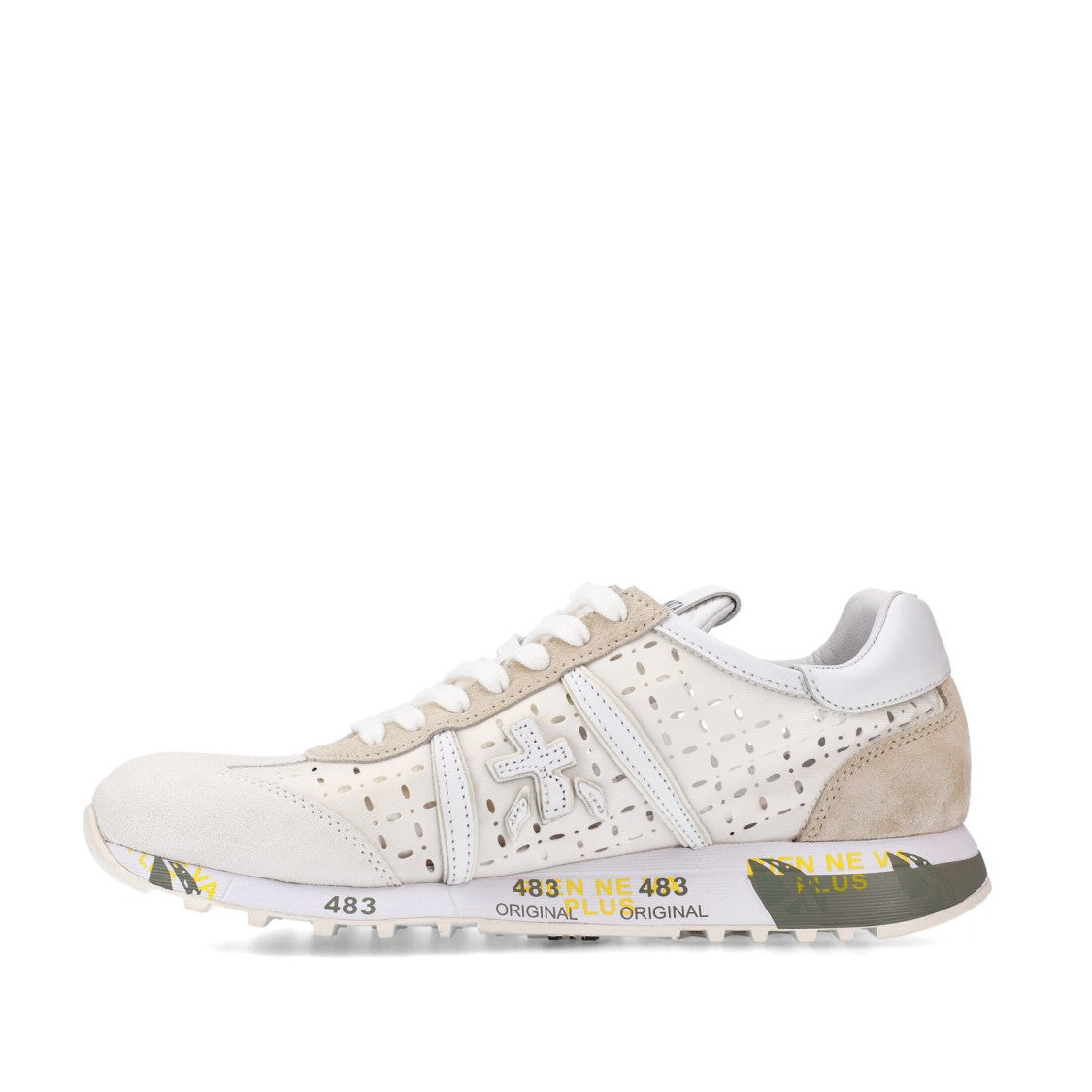 Premiata Lucy Sneakers In Laser-Cut Leather And White Suede