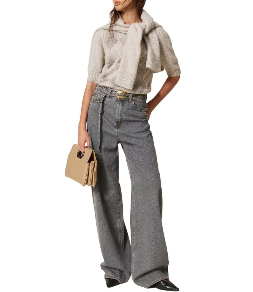Twin-Set High-Waisted Buckle Wide-Leg Jeans
