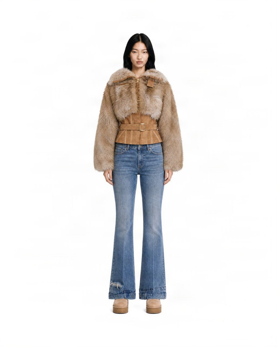 Elisabetta Franchi Camel Cropped Faux Fur Belted Jacket