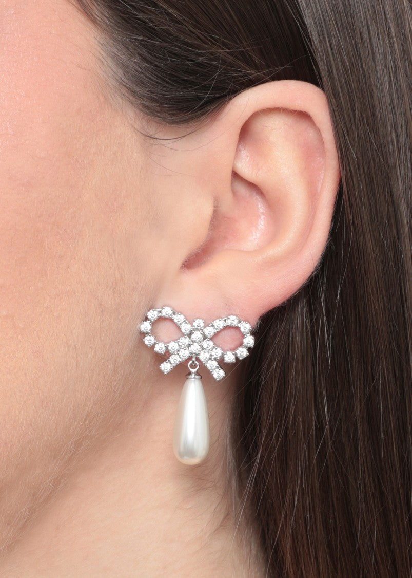 Self-Portrait Silver Crystal Bow Pearl Teardrop Earrings