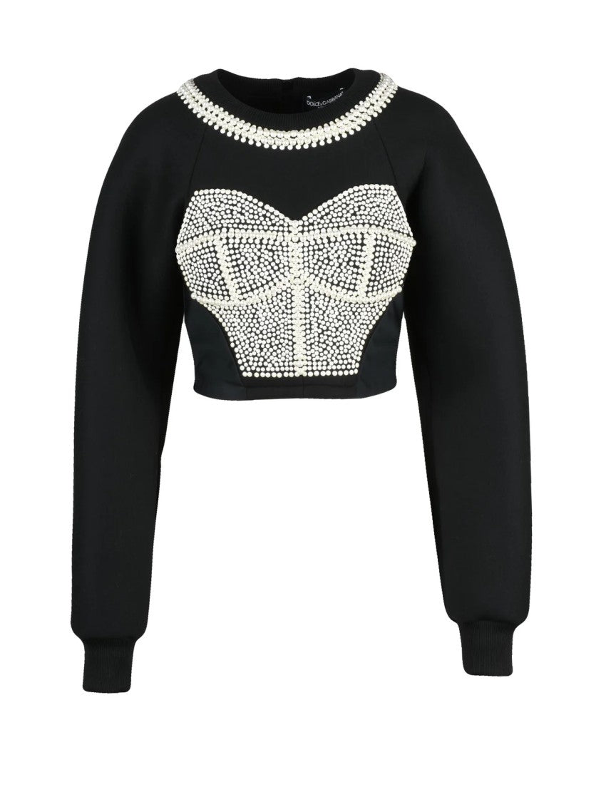 Dolce & Gabbana Black Corset-Inspired Back Zip Cropped Sweatshirt